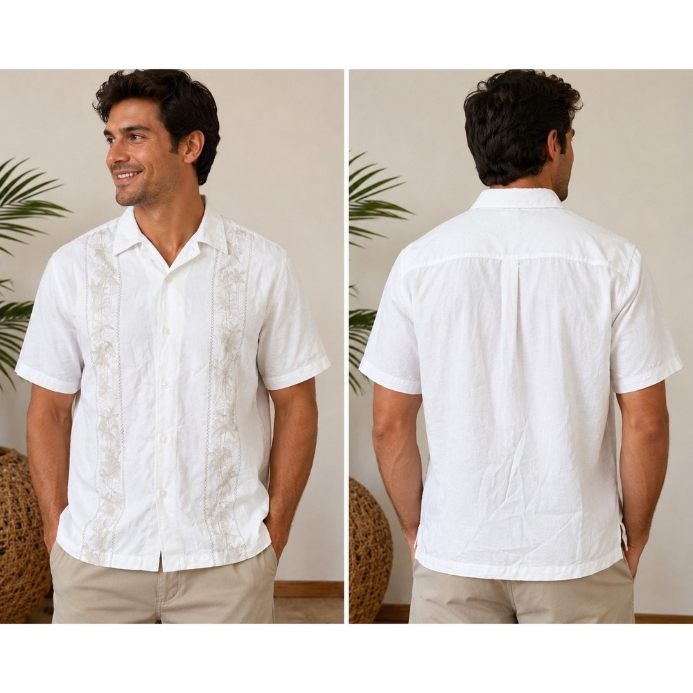 Centro Mens XL White Linen Blend Short Sleeve Embroidered Palm Tree Camp Shirt